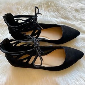 Black Ankle Tie Pointed Toe Flats - Size *11Wide*